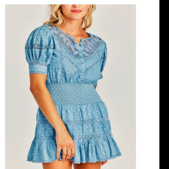 NWT LoveShackFancy Jaislyn blue Cotton Mini Dress - Women's Medium Puff Sleeves - Picture 4 of 9